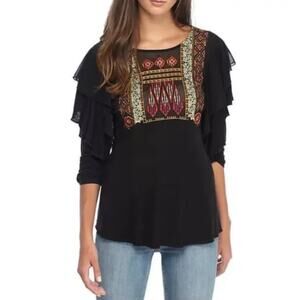 Free People Size XS Black Top Whimsygoth Sheer Embroidered Ruffled Blouse Boho